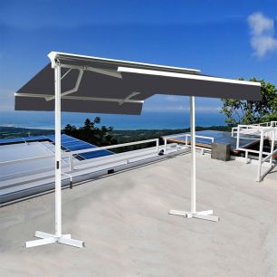 Stores de terrasse double pente sur pied avec coffre - Armature blanc laqué - Toile Gris anthracite - 4x4m - Côté Store